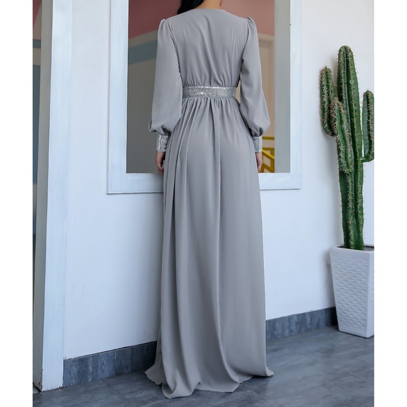 Grey Plunge Silver Contrast Wrap Gown Maxi Dress - Picture 5 of 6